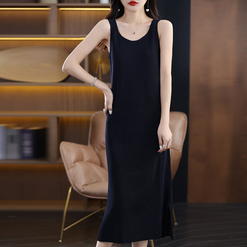 Women’s Ice Silk Ruched Slim Fit Spaghetti Strap Slit Dress