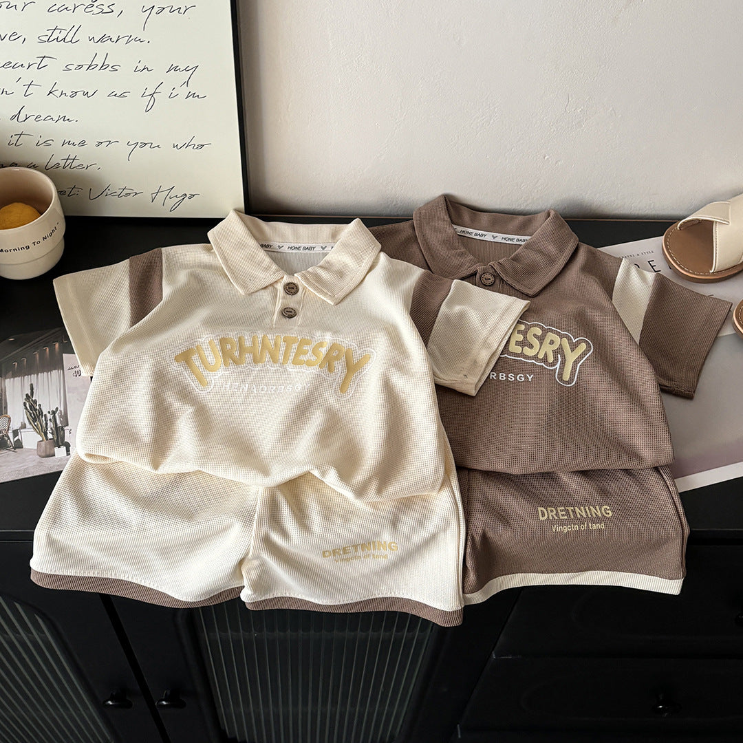 Beige Kids Waffle Knit Short Sleeve Set Casual Homewear Korean Style