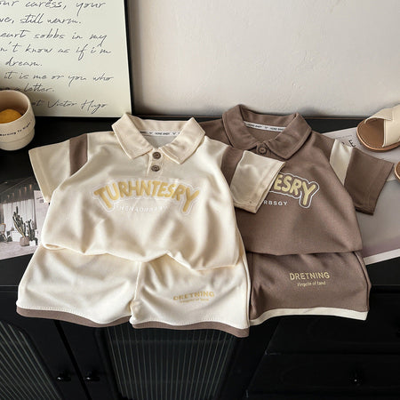 Beige Kids Waffle Knit Short Sleeve Set Casual Homewear Korean Style