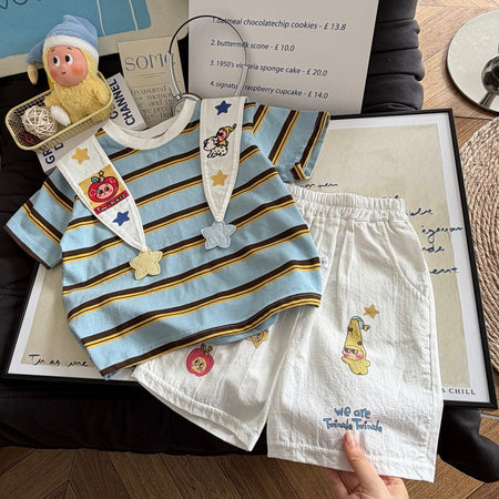 Kids Cotton Cartoon Striped Short Sleeve Top & Shorts Set