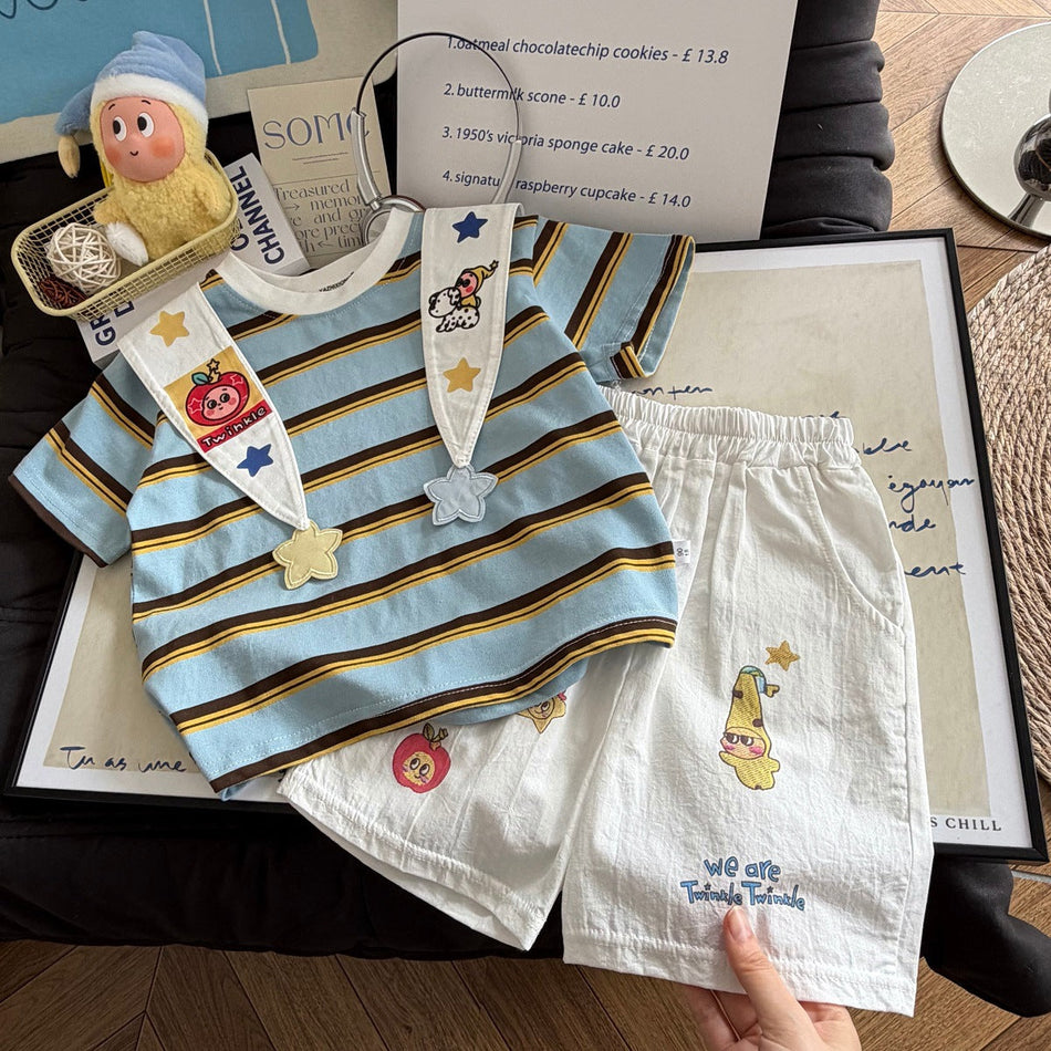Kids Cotton Cartoon Striped Short Sleeve Top & Shorts Set