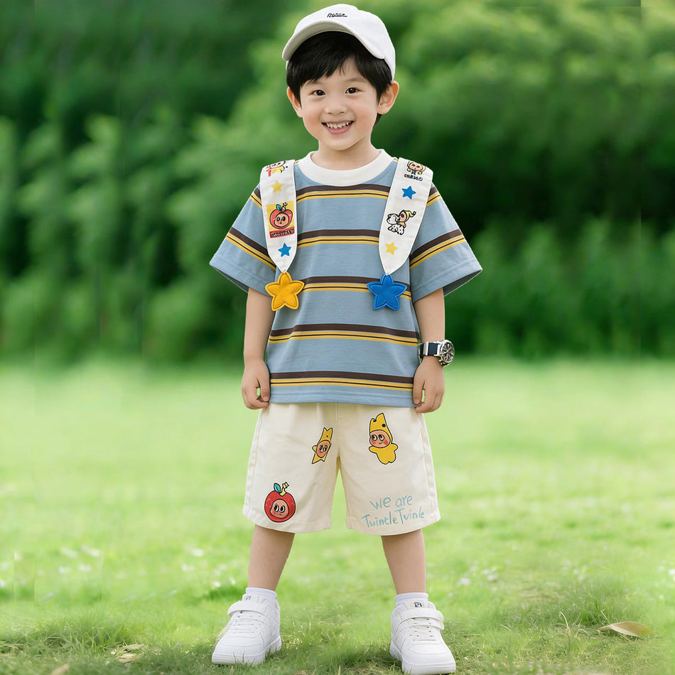 Kids Cotton Cartoon Striped Short Sleeve Top & Shorts Set