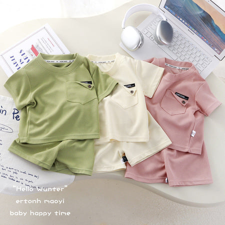 Blue Kids Waffle Knit Short Sleeve Sportswear Two Piece Set