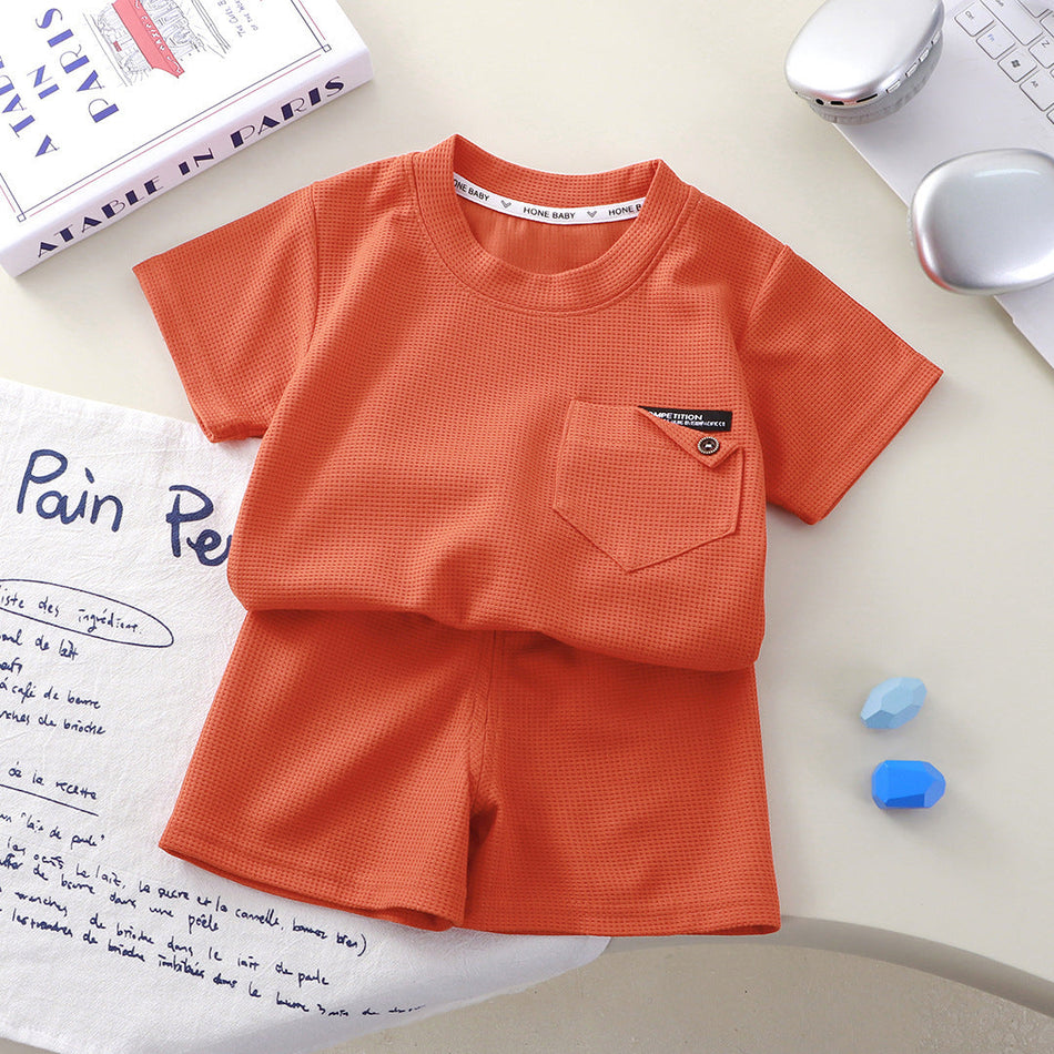 Kids Waffle Knit Short Sleeve Sportswear Two Piece Set