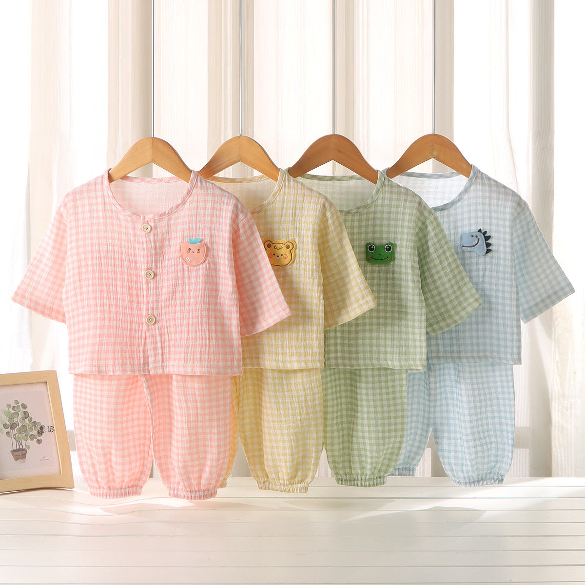Yellow Kids Pure Cotton Gauze Homewear Set Soft Air Conditioning Outfit