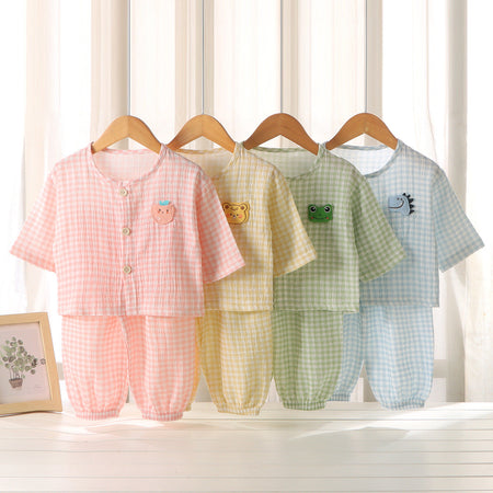 Yellow Kids Pure Cotton Gauze Homewear Set Soft Air Conditioning Outfit