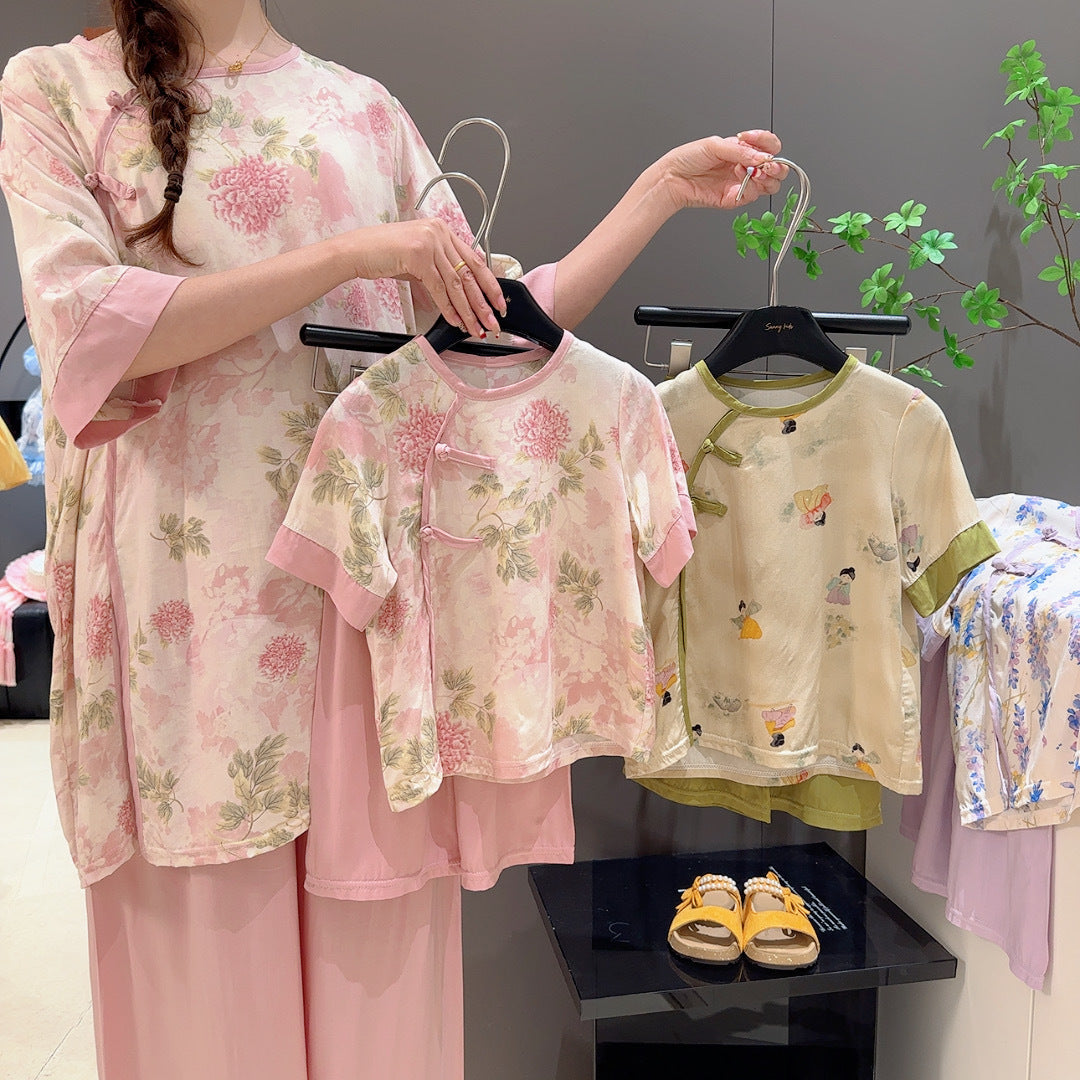 Pink Kids Chinese Style Cotton Silk Floral Two Piece Outfit Set