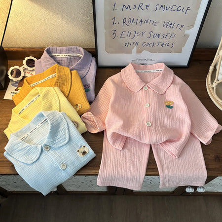 Pink Kids Pure Cotton Gauze Pajama Set Boys & Girls Homewear Suit
