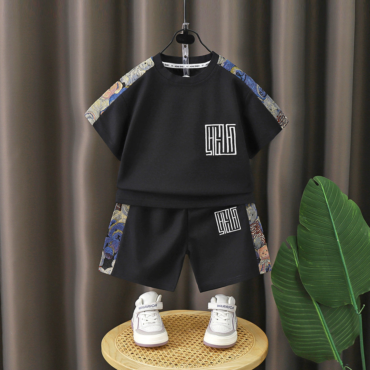 Black Kids Chinese Style Embroidered Short Sleeve Shorts Set Summer Two-Piece