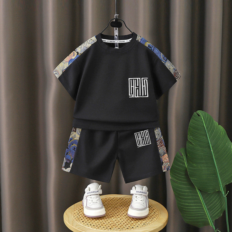 Black Kids Chinese Style Embroidered Short Sleeve Shorts Set Summer Two-Piece