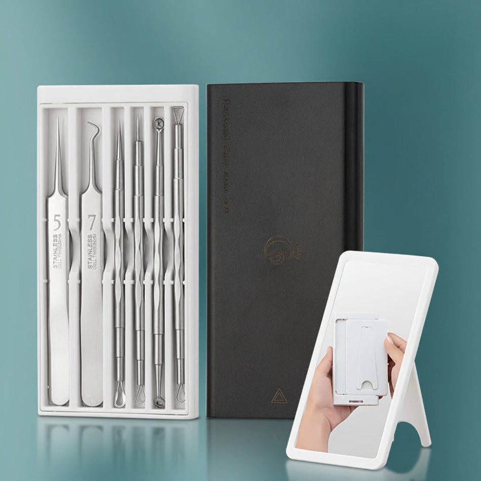 Professional 6-piece blackhead clip and cell tweezer set in black