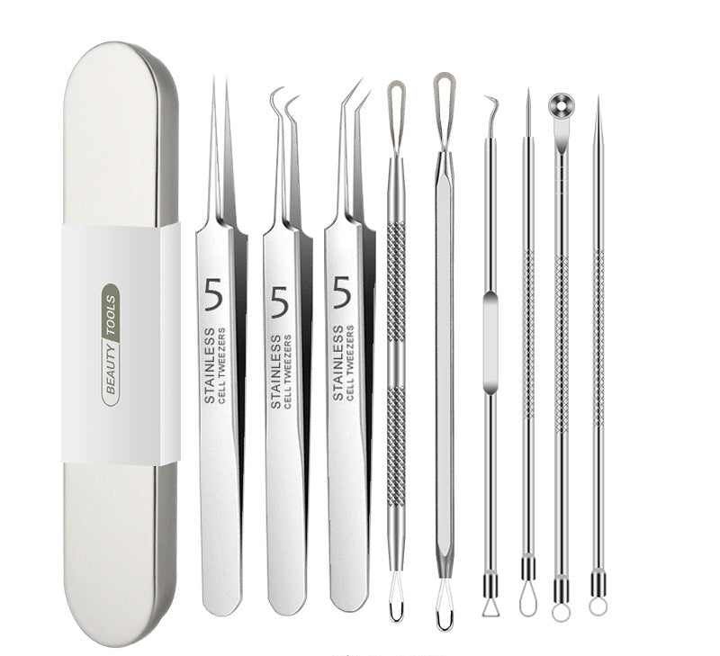 Stainless steel 9-piece acne needle and precision cell clip set in iron box