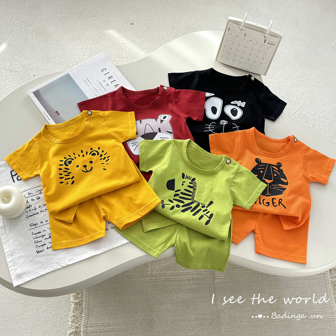 Green Kids Pure Cotton Short Sleeve Cartoon Two-Piece Set Summer Casual Outfit