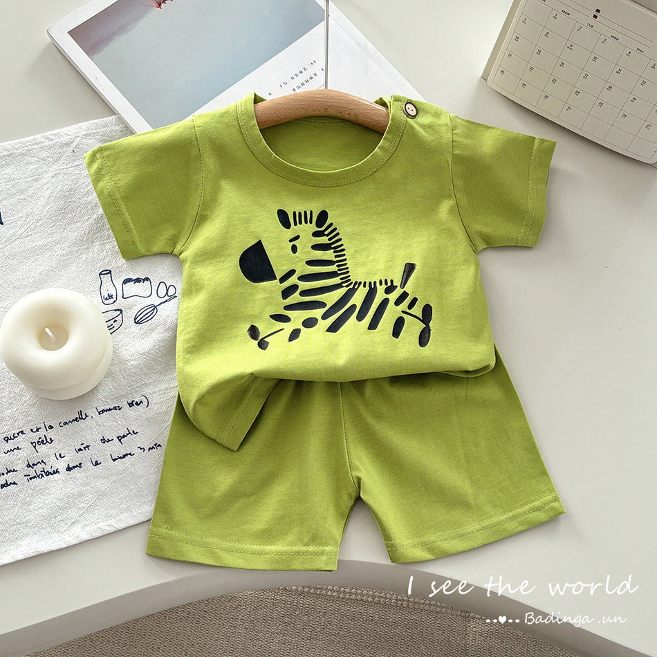 Kids Pure Cotton Short Sleeve Cartoon Two-Piece Set Summer Casual