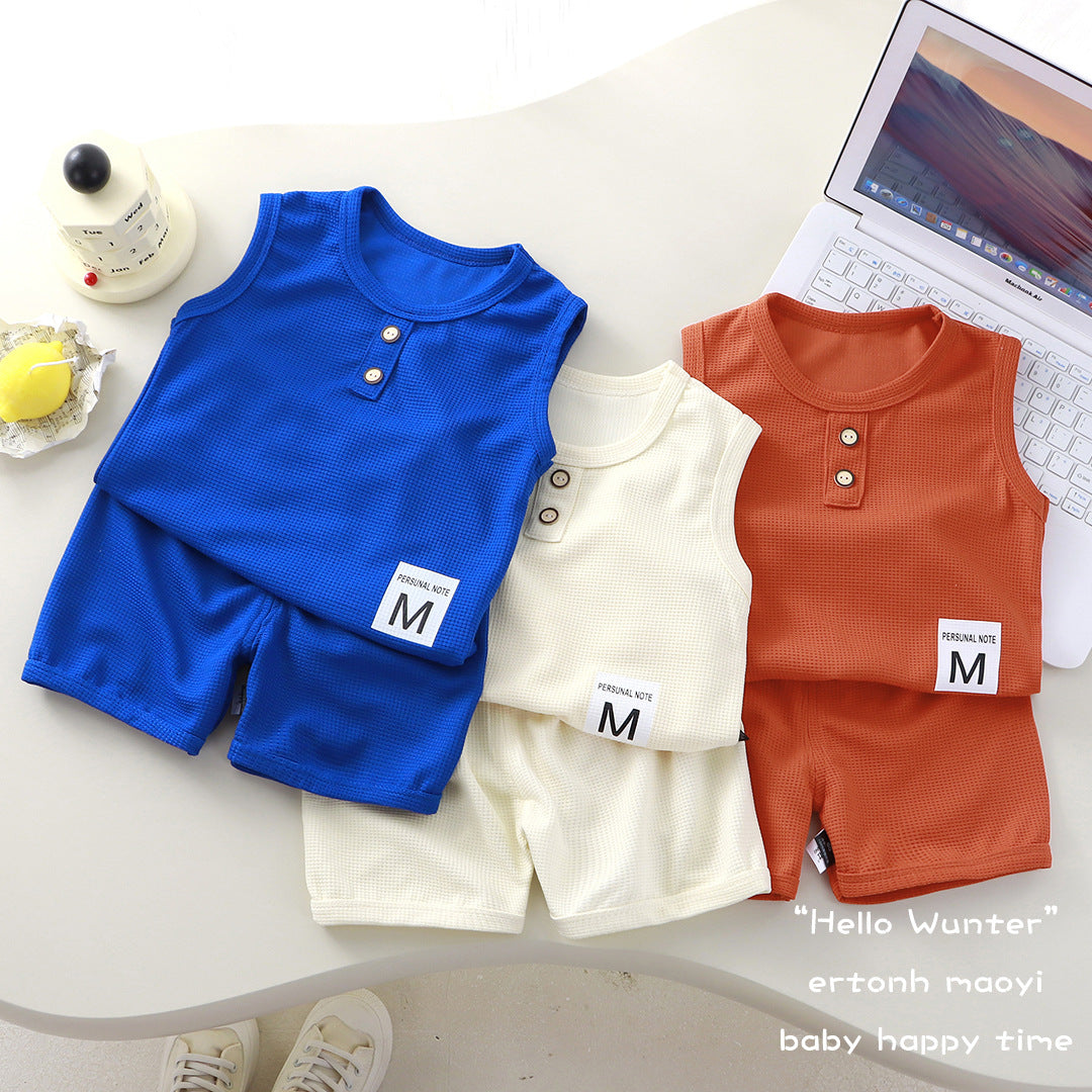 Blue Kids Korean Style Waffle Vest Set Solid Color Summer Two-Piece Outfit