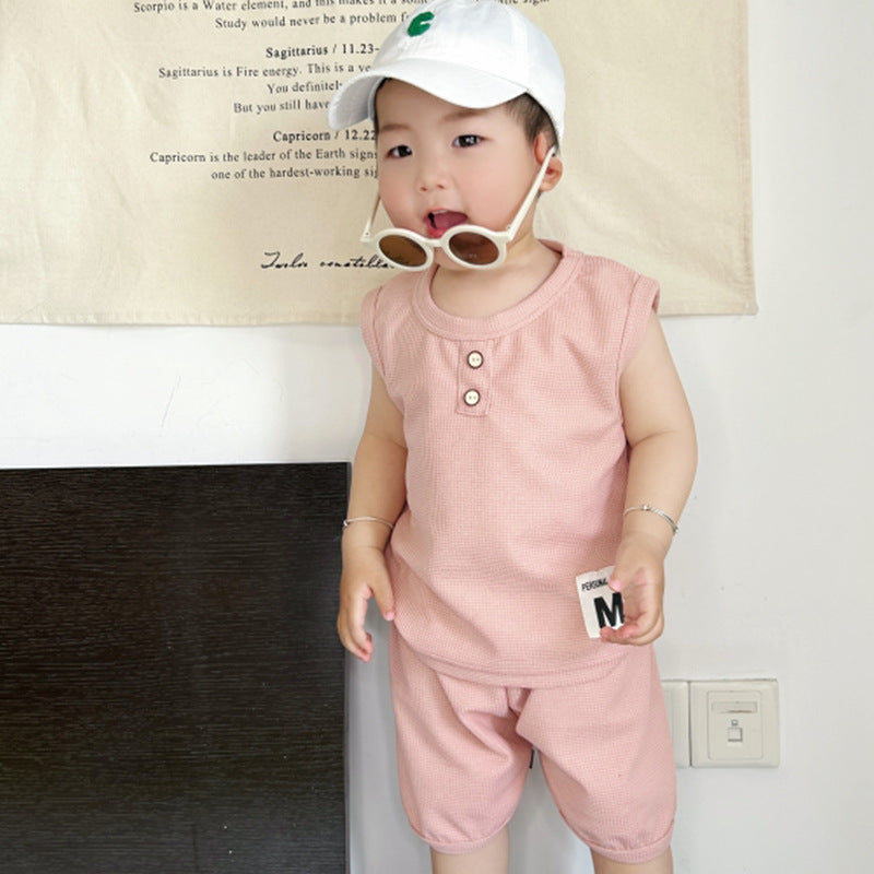 Kids Korean Style Waffle Vest Set Solid Color Summer Two-Piece