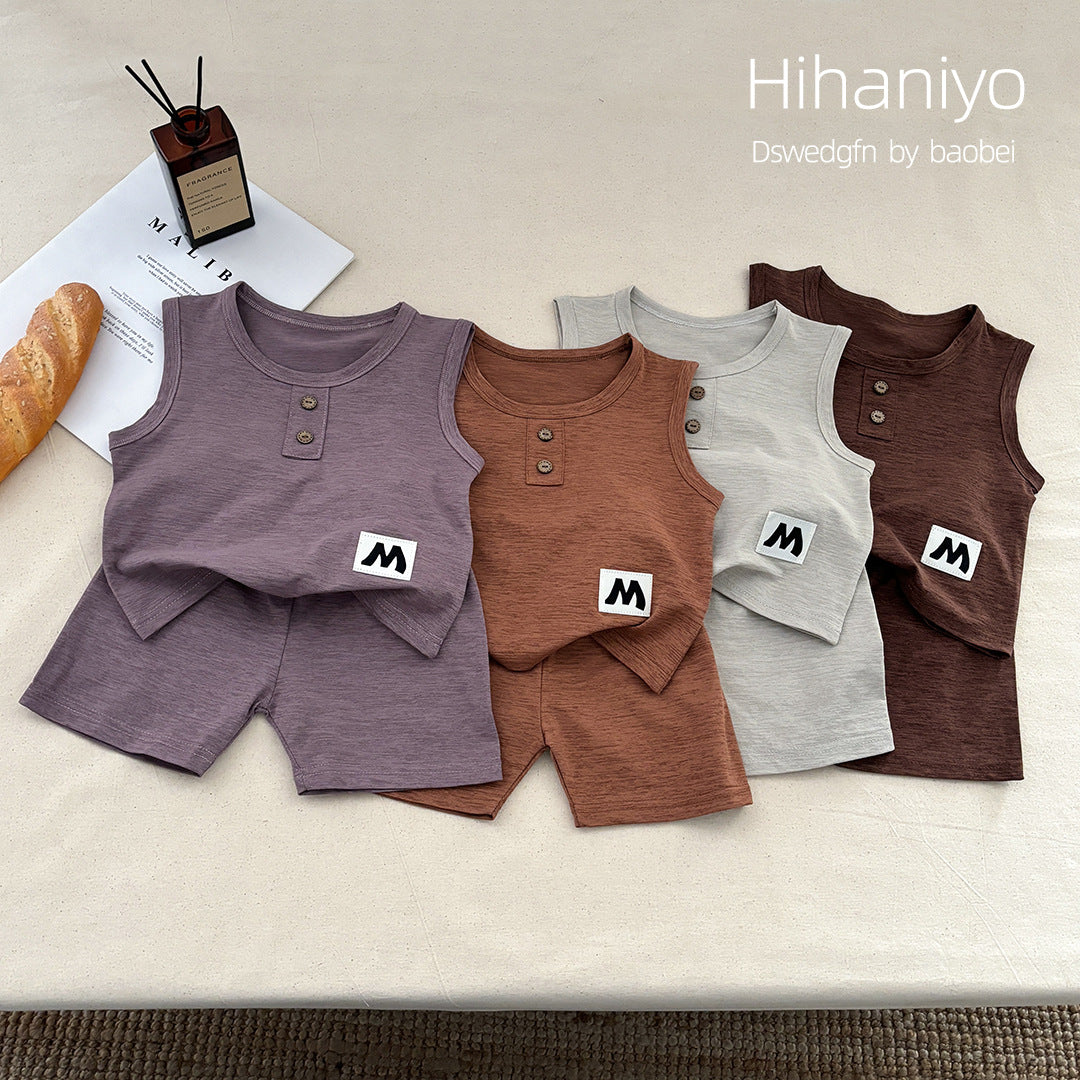 Brown Kids Linen Vest Set Casual Homewear Two-Piece Pajama Outfit
