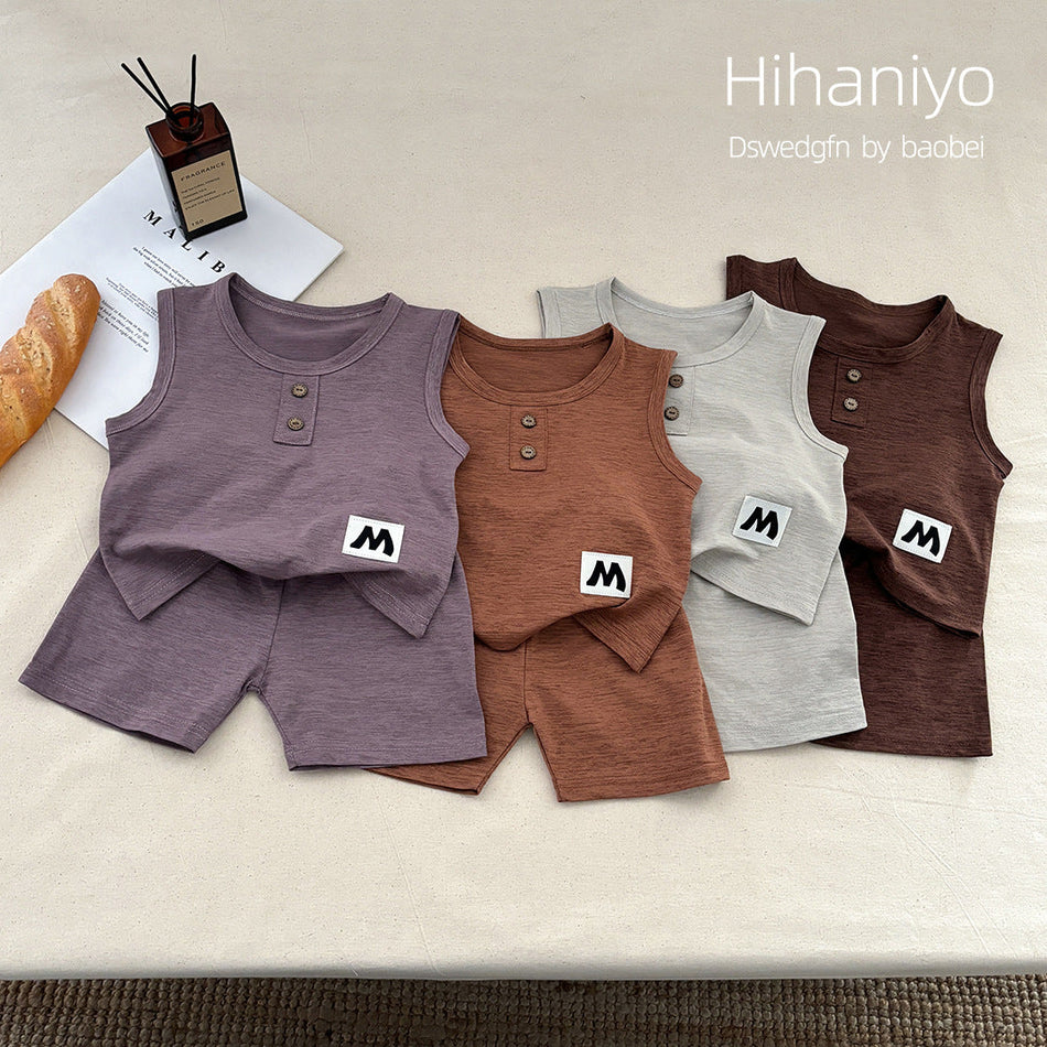 Brown Kids Linen Vest Set Casual Homewear Two-Piece Pajama Outfit