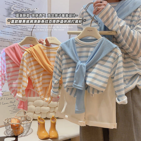 Blue Kids Striped Long Sleeve Sun Protection Shawl T-Shirt Summer Top