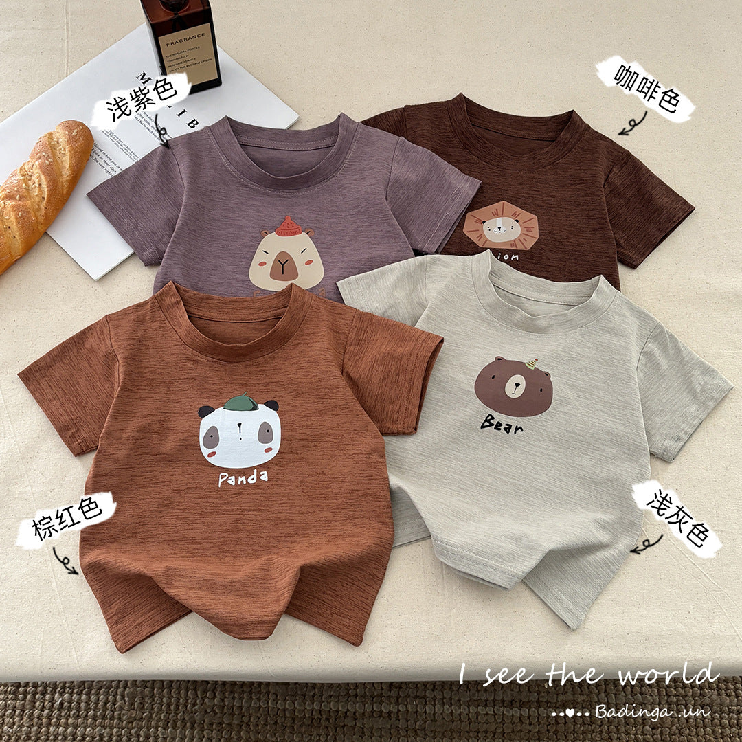 Brown Kids Cartoon Short Sleeve T-Shirt Casual Homewear Top