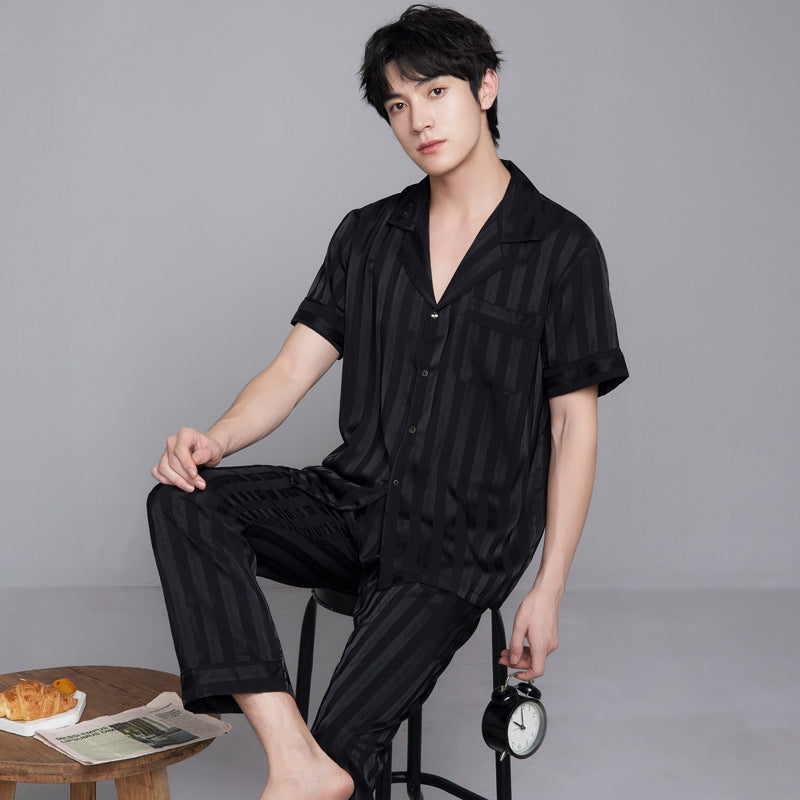 Men's Premium Striped Lapel Ice Silk Loungewear Suit