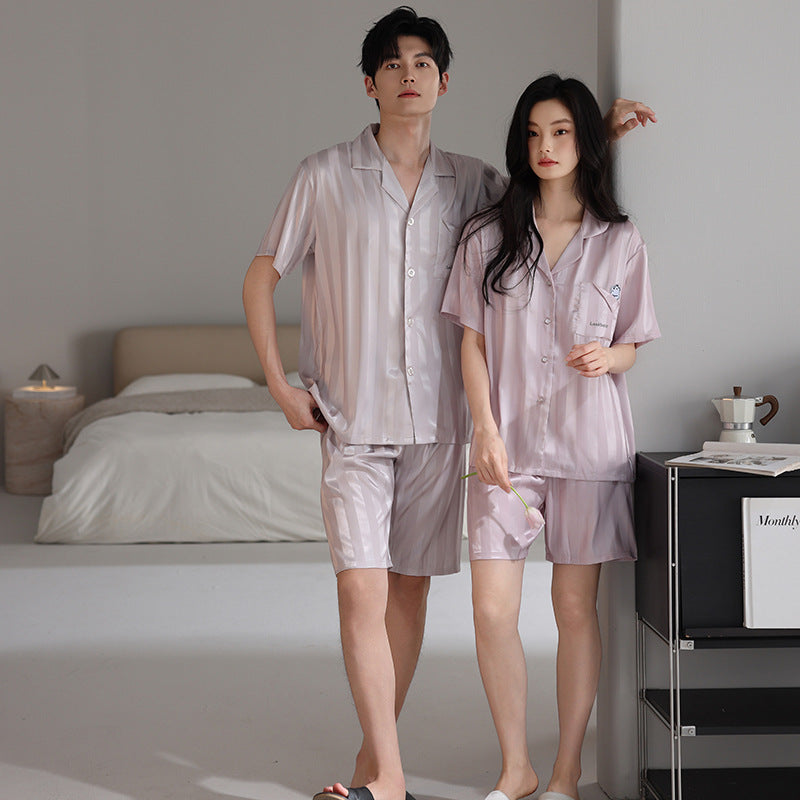 Premium Couple's Cartoon Striped Ice Silk Loungewear Set