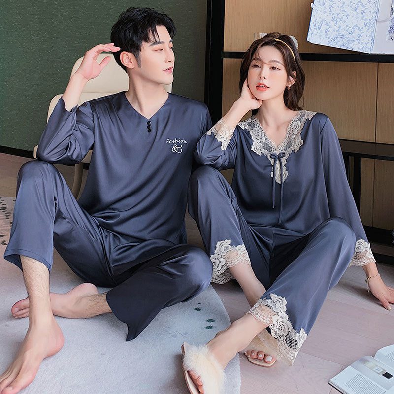 Premium Cross-Border Couple's Ice Silk Satin Loungewear Suit