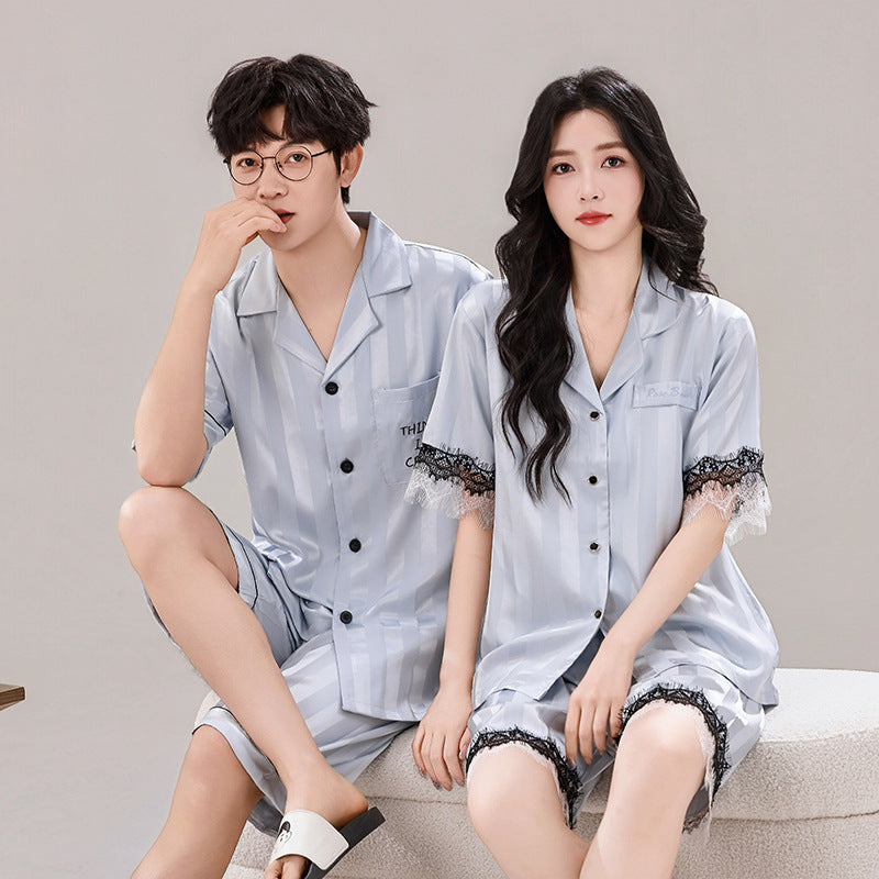 Premium Striped Ice Silk Couple's Cardigan Loungewear Set