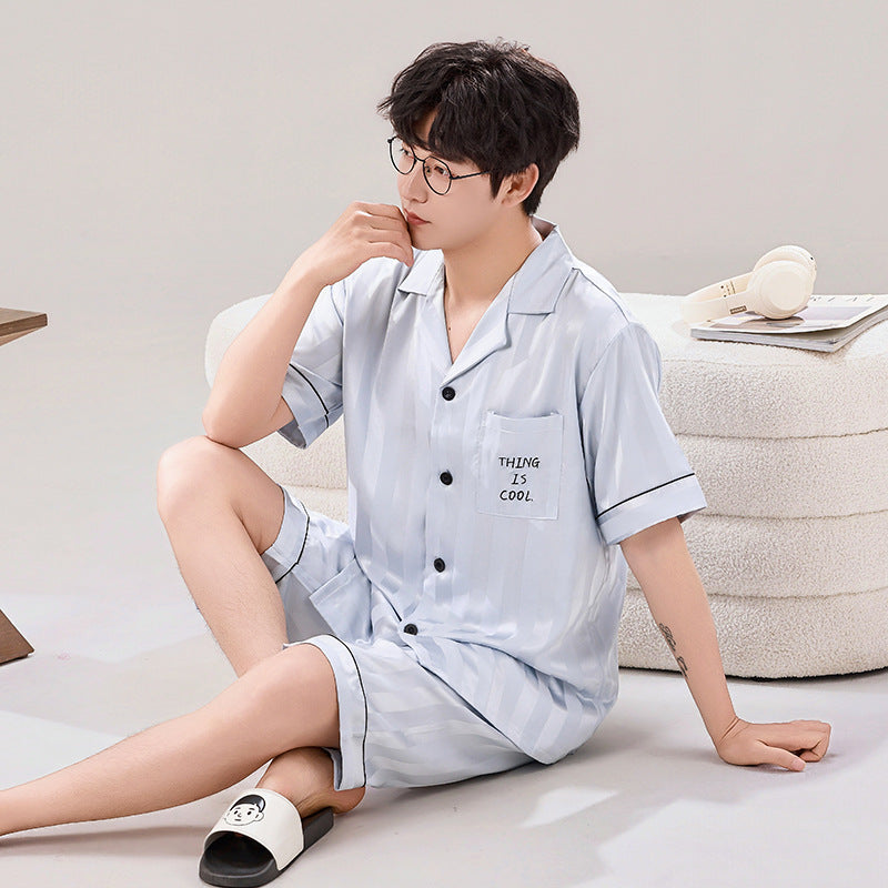Printed Ice Silk Couple's Short-Sleeve Cardigan Loungewear Set – flat lay