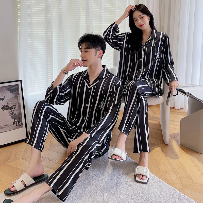 Premium Striped Print Ice Silk Couple's Long-Sleeve Loungewear
