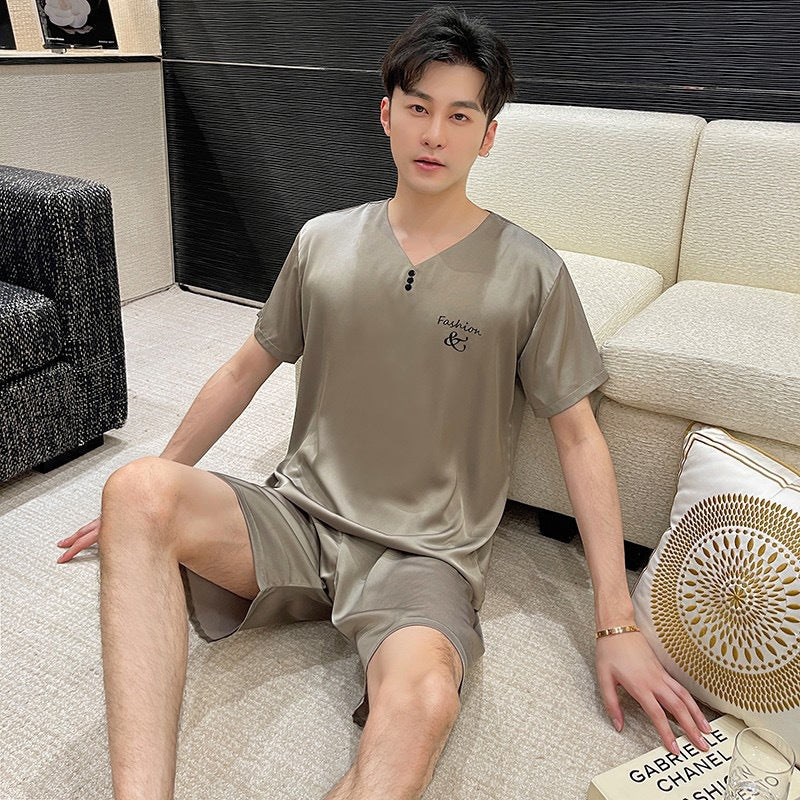 Premium Men's Solid Color Ice Silk Short-Sleeve Loungewear Suit