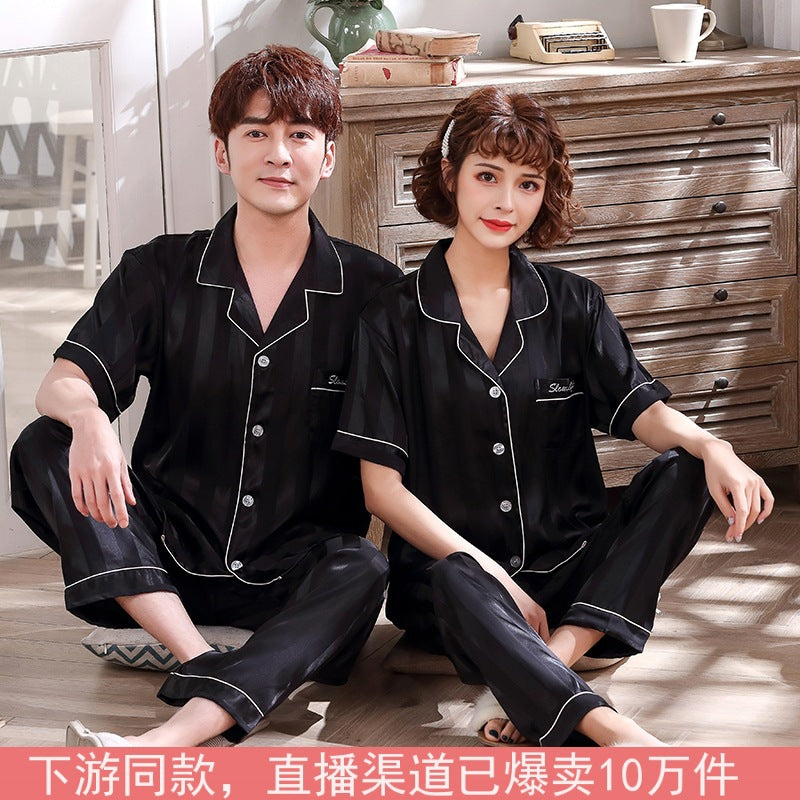 Premium Internet-Popular Wide Stripe Ice Silk Couple's Loungewear
