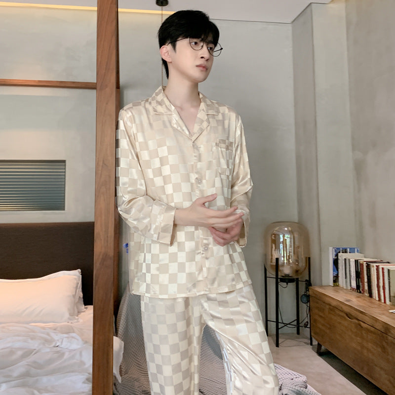 Men's Premium Plaid Ice Silk Long-Sleeve Loungewear Suit