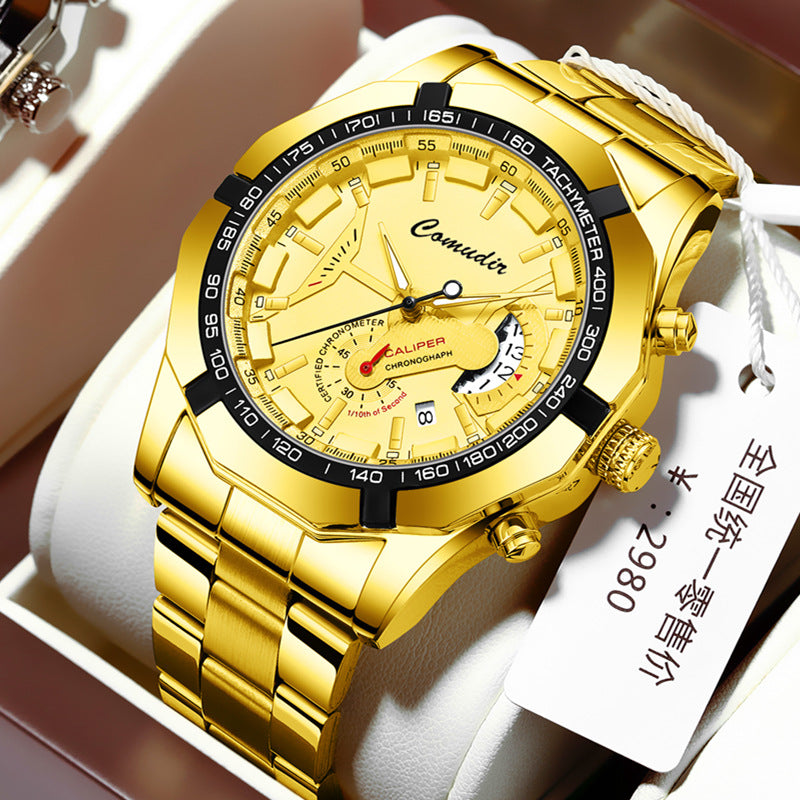Gold Men's Precision Quartz "Mechanical-Style" Calendar Watch