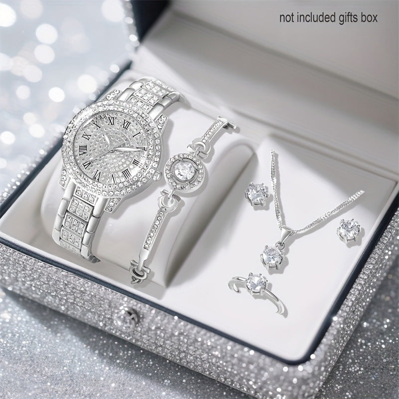 Women's Premium Full-Diamond Steel Strap Watch and Jewelry Set