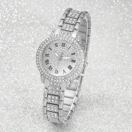 Women's Premium Full-Diamond Steel Strap Watch and Jewelry Set