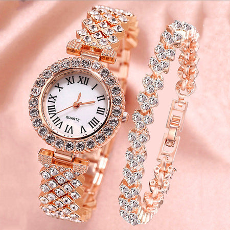 Women's Premium Roman Dial Diamond-Encrusted Watch & Bracelet Set