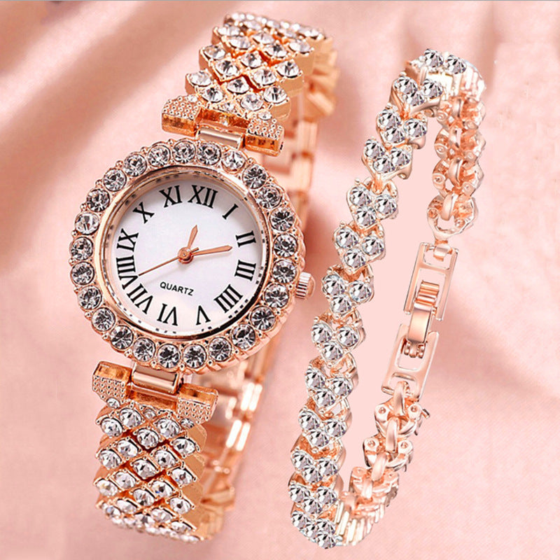 Women's Premium Roman Dial Diamond-Encrusted Watch & Bracelet Set