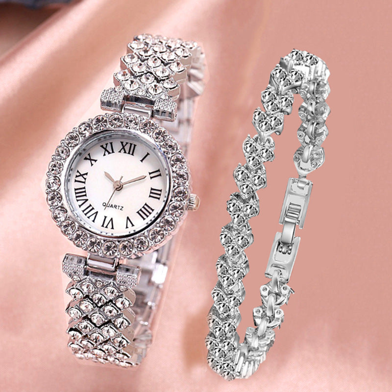 Women's Premium Roman Dial Diamond-Encrusted Watch & Bracelet Set