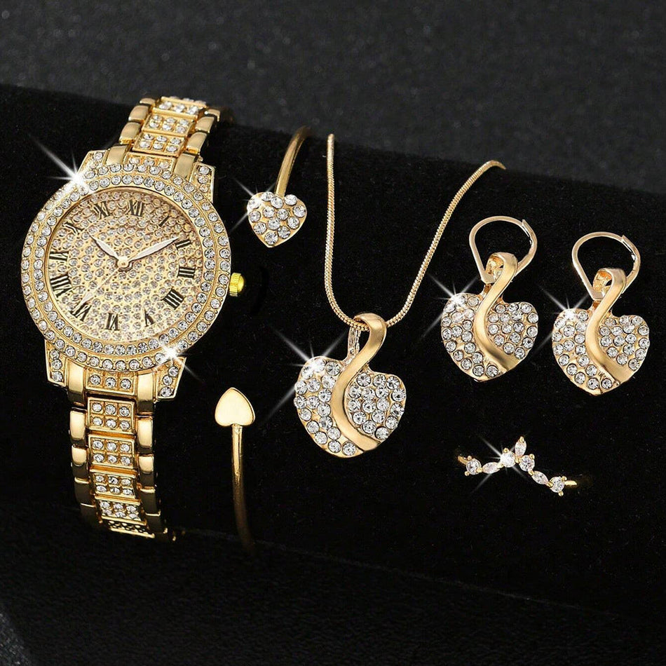 Women's Premium Cornucopia Diamond-Encrusted Roman Quartz Watch & Jewelry Set