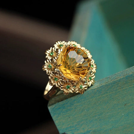 Premium Foreign Trade 18K Gold Plated "Fireworks Craft" Citrine Ice Flower Opening Ring