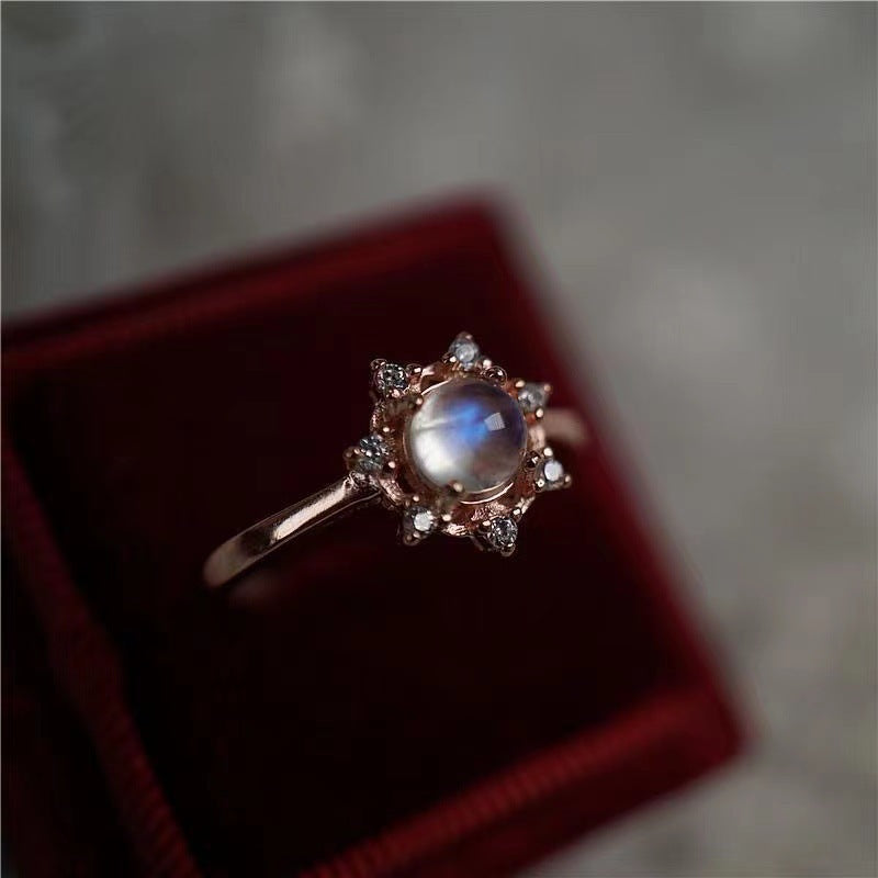 Premium Natural Moonstone "Snowflake" Rose Gold Opening Ring