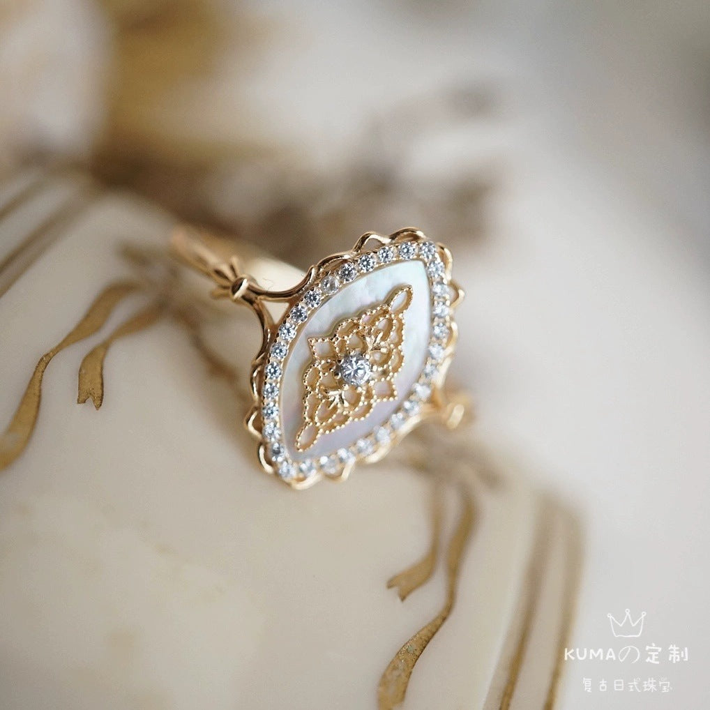 Cut-Out Lace White Shell and Colorful Zircon Ring