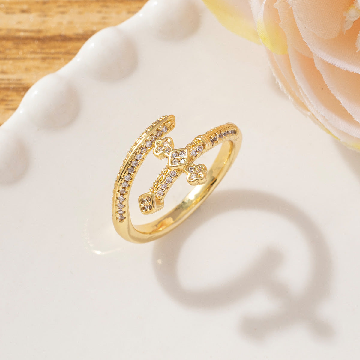 Copper Zircon Cross Open Ring in Retro Style