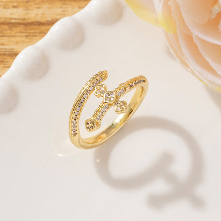 Copper Zircon Cross Open Ring in Retro Style