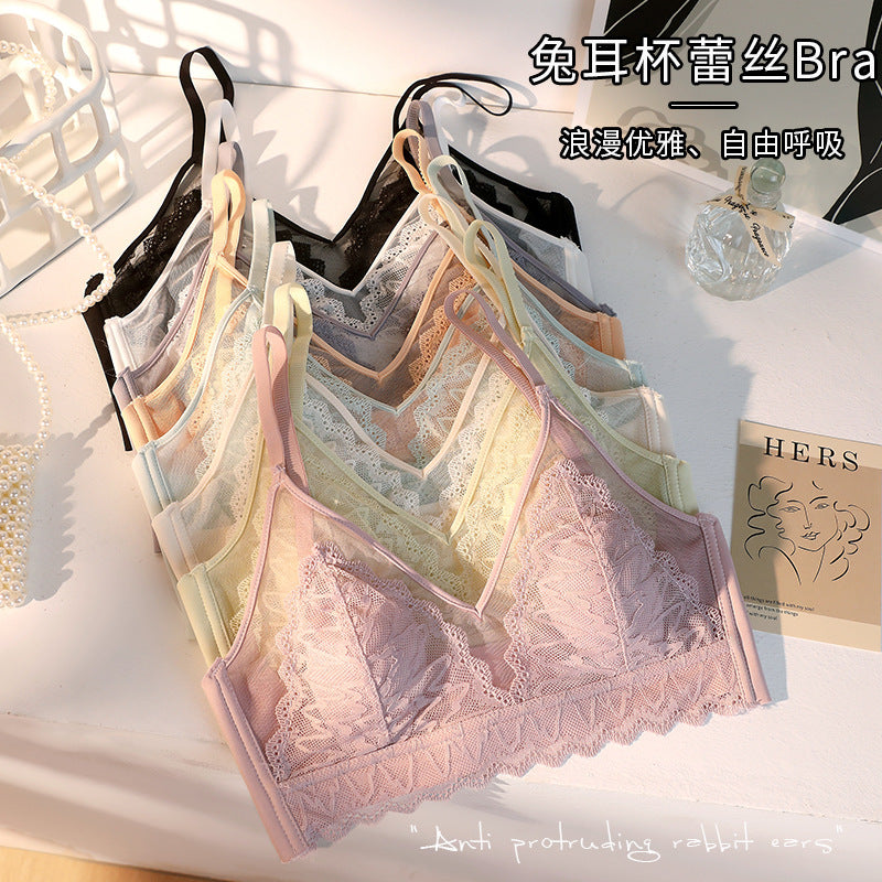 Women’s French Style Lace Wire-Free Bra Rabbit Ear Design Push-Up