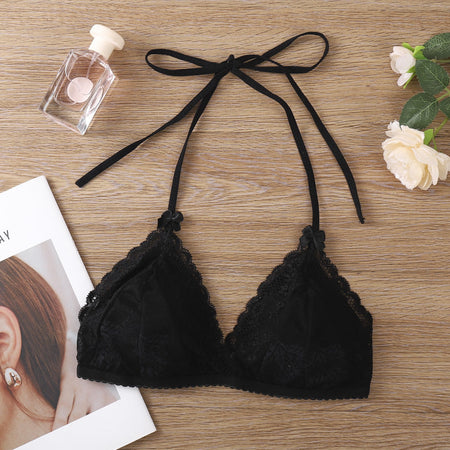 Women’s Lace Halter Triangle Cup Bra Sexy Back Wireless Push-Up Lingerie