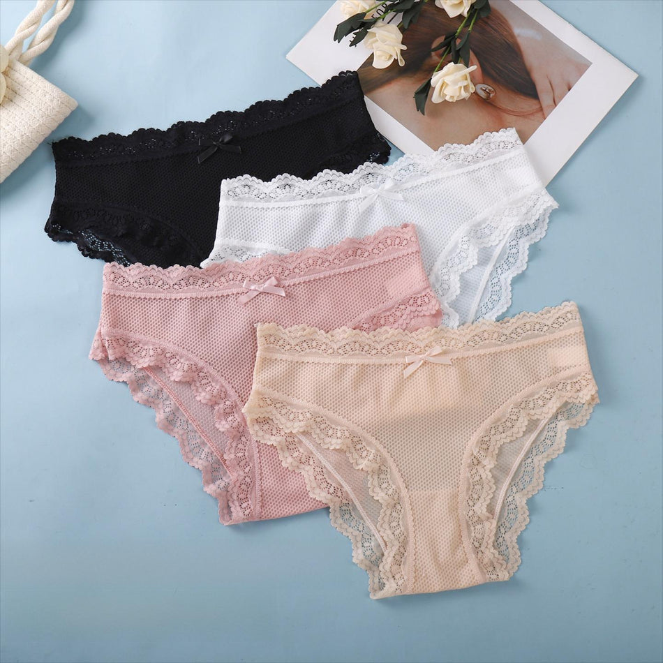 Pack of Women’s Cotton Lace Briefs Antibacterial Double Crotch Breathable Underwear French Bow Design