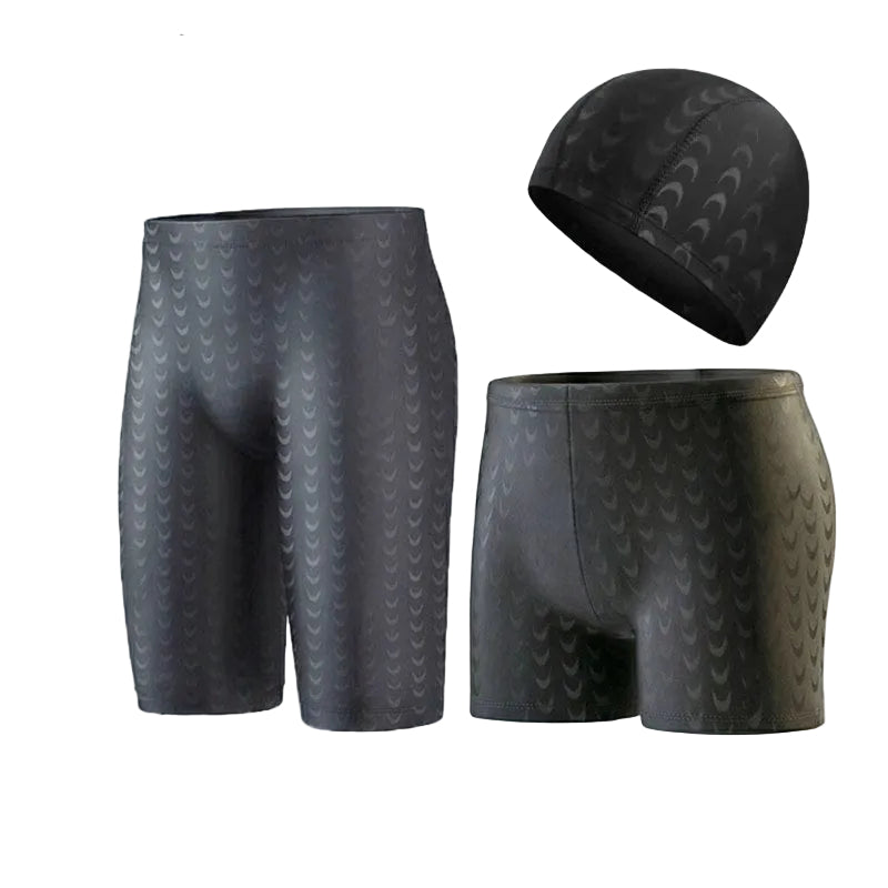 Men's Premium Imitation Shark Skin Five-Point Swim Trunks & Cap