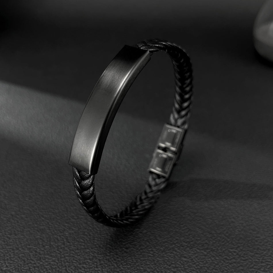 Men's Premium Retro Black Stainless Steel Woven Leather Bracelet